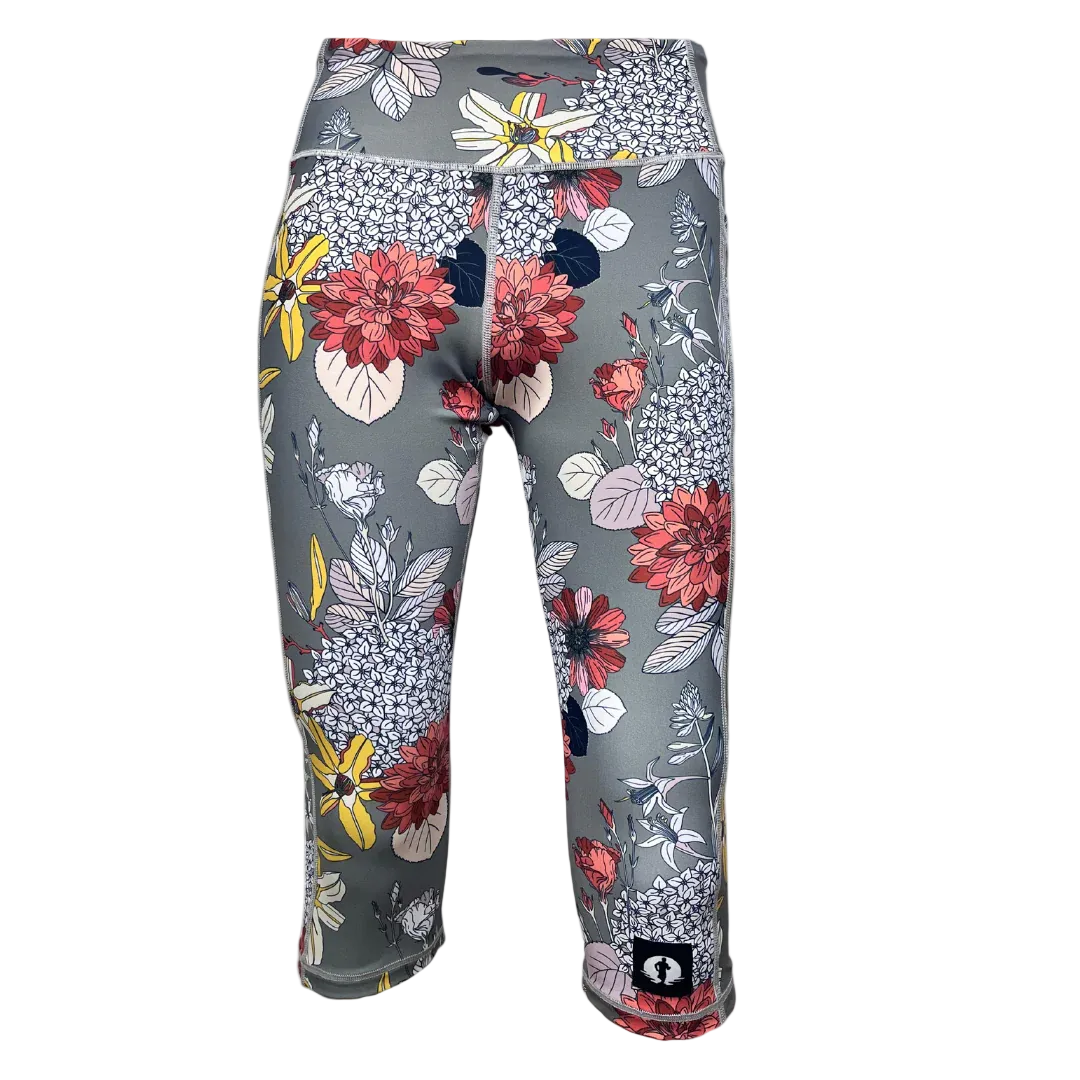High Waist 3/4 Leggings - Grey Floral Charms