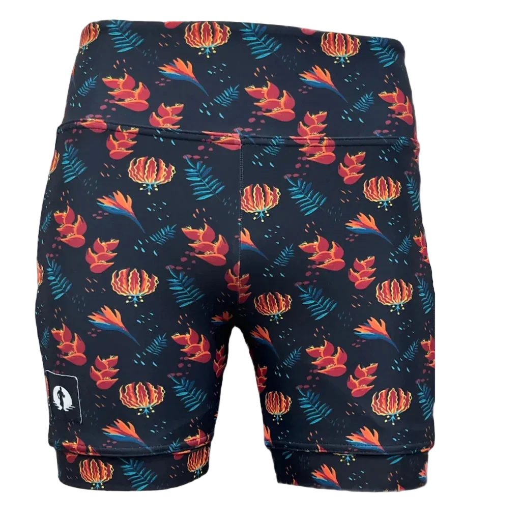 Shorts with a colorful floral pattern on a dark background