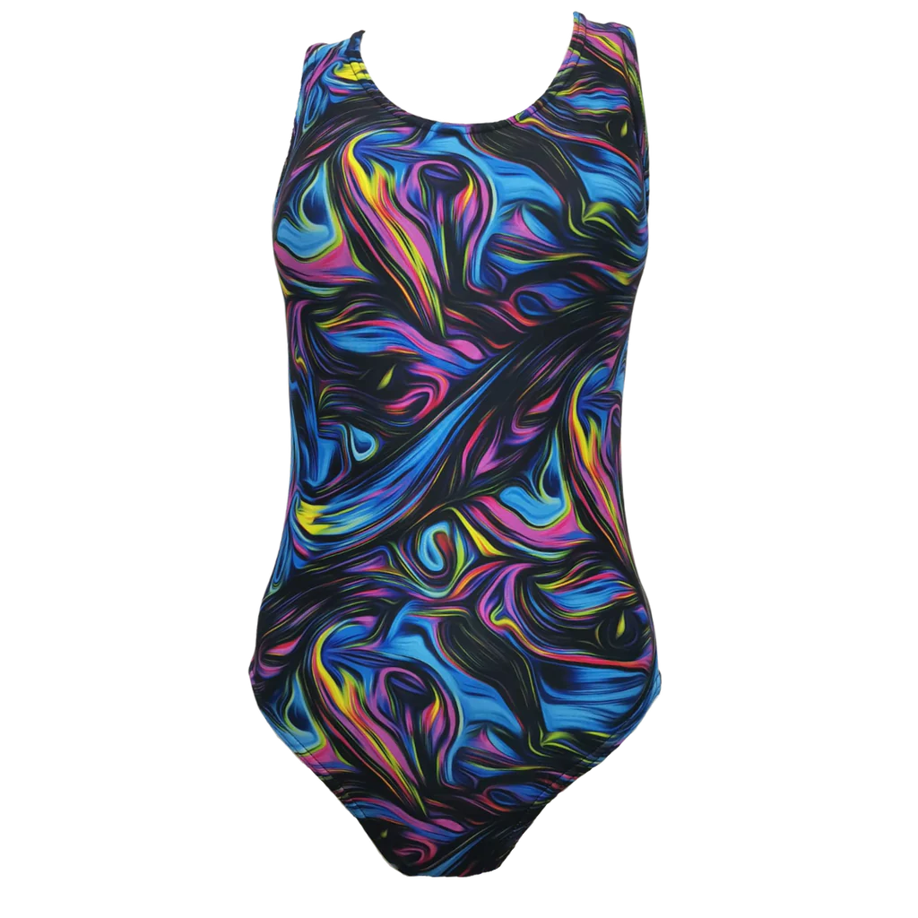 Funky Pants Full Piece Swimwear - Peacock Marble edition with full coverage and racer back.