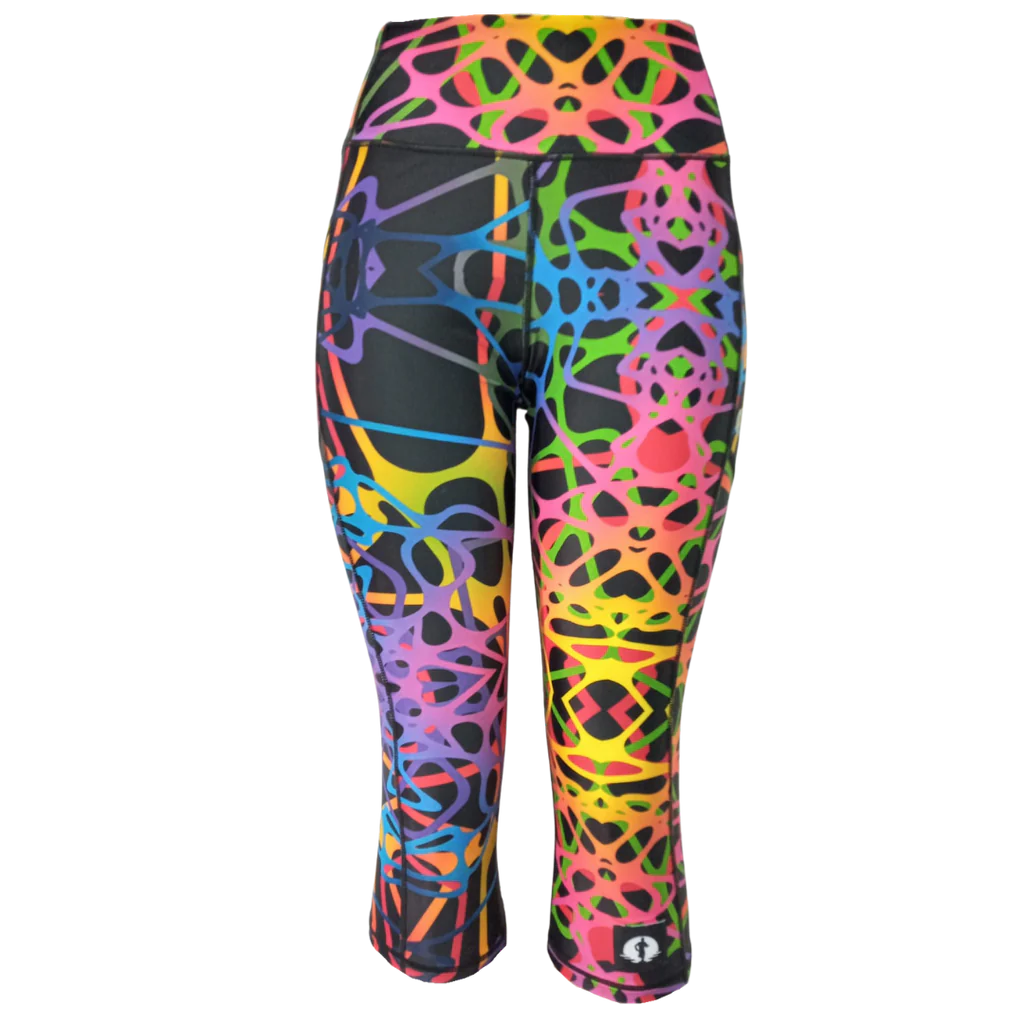Funky Pants High Waist 3/4 Length Leggings - Rainbow Veins edition featuring comfortable high waist fit with colourful material.