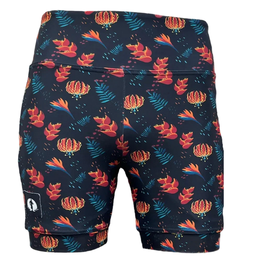 Shorts with a colorful floral pattern on a dark background