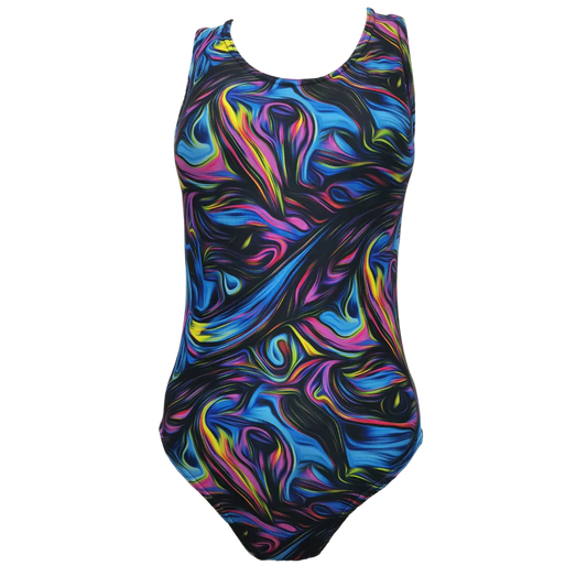 Funky Pants Full Piece Swimwear - Peacock Marble edition with full coverage and racer back.