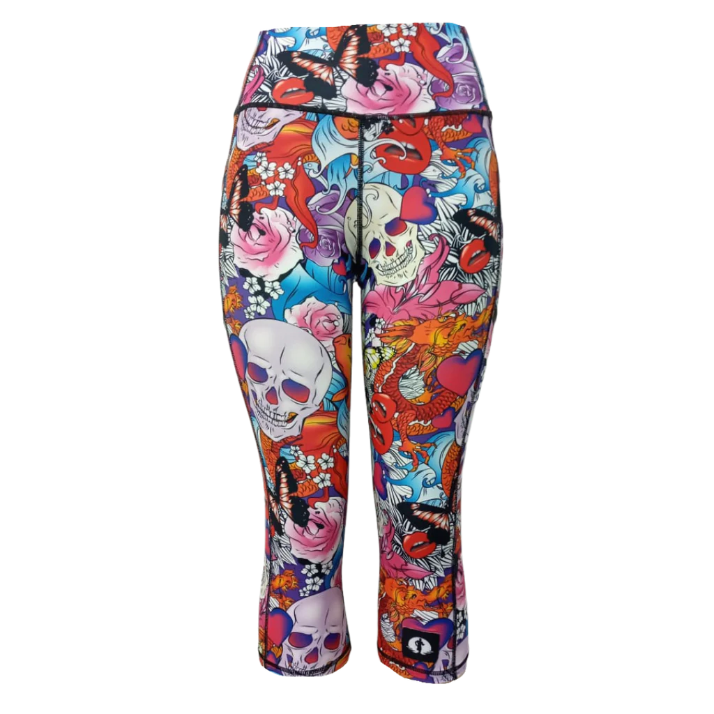 Funky Pants High Waist 3/4 Length Leggings - Ed Hardy edition featuring comfortable high waist fit with colourful material.