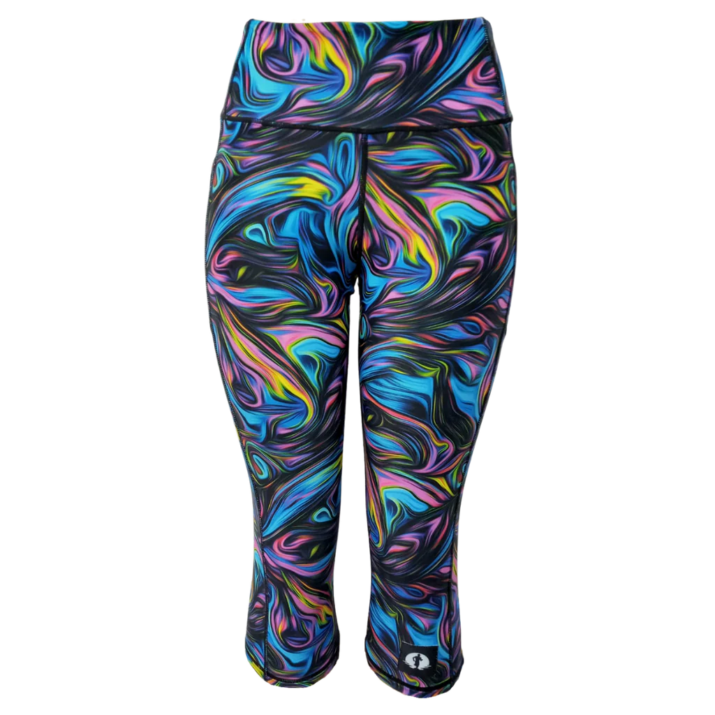 Funky Pants High Waist 3/4 Length Leggings - Peacock Marble edition featuring comfortable high waist fit with colourful material.