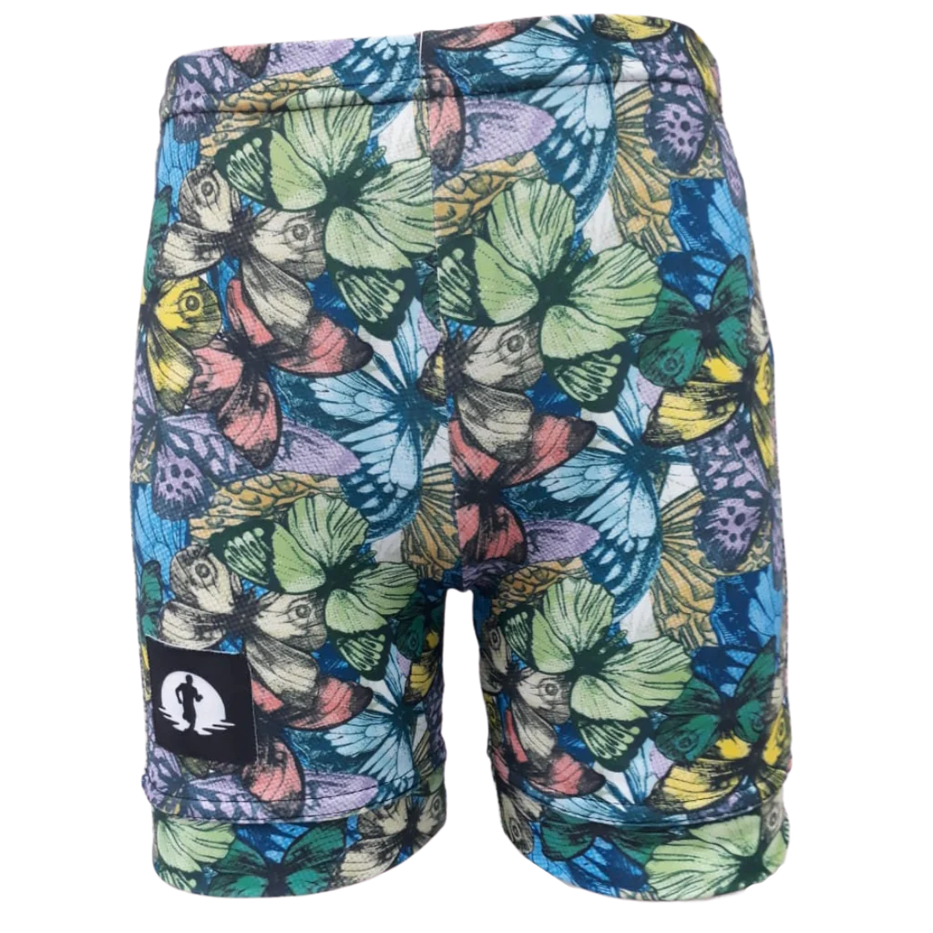 Funky Pants Kids Shorts - Butterflies edition featuring stretchy colourful material.