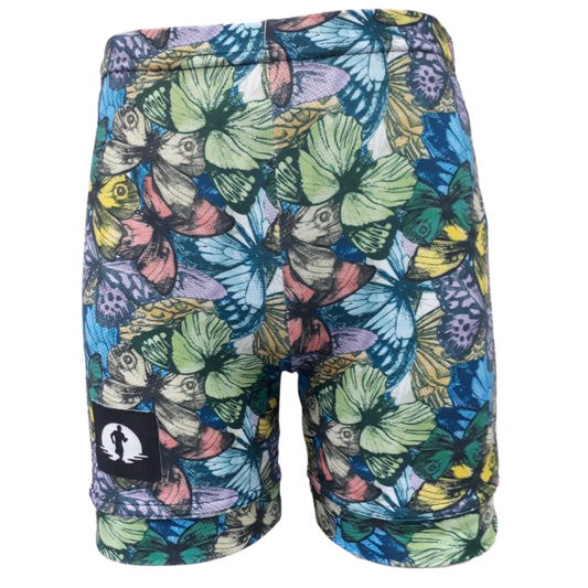 Funky Pants Kids Shorts - Butterflies edition featuring stretchy colourful material.