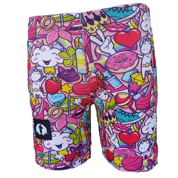 Funky Pants Kids Shorts - Girl Power edition featuring stretchy colourful material.
