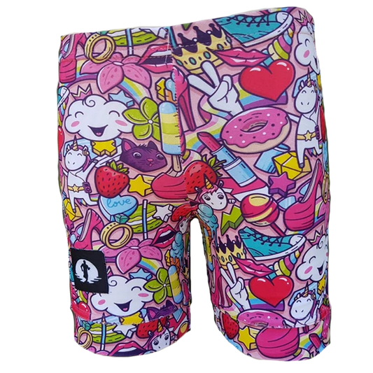 Funky Pants Kids Shorts - Girl Power edition featuring stretchy colourful material.