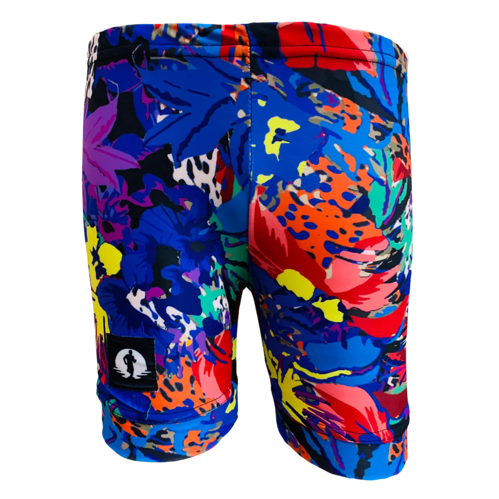 Funky Pants Kids Shorts - Paws& Petals edition featuring stretchy colourful material.