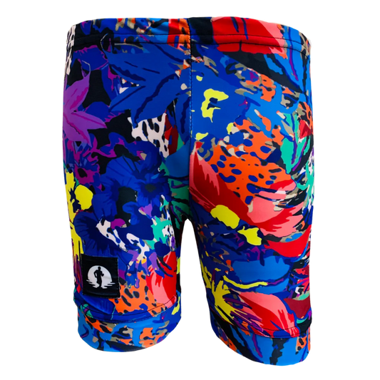 Funky Pants Kids Shorts - Paws& Petals edition featuring stretchy colourful material.