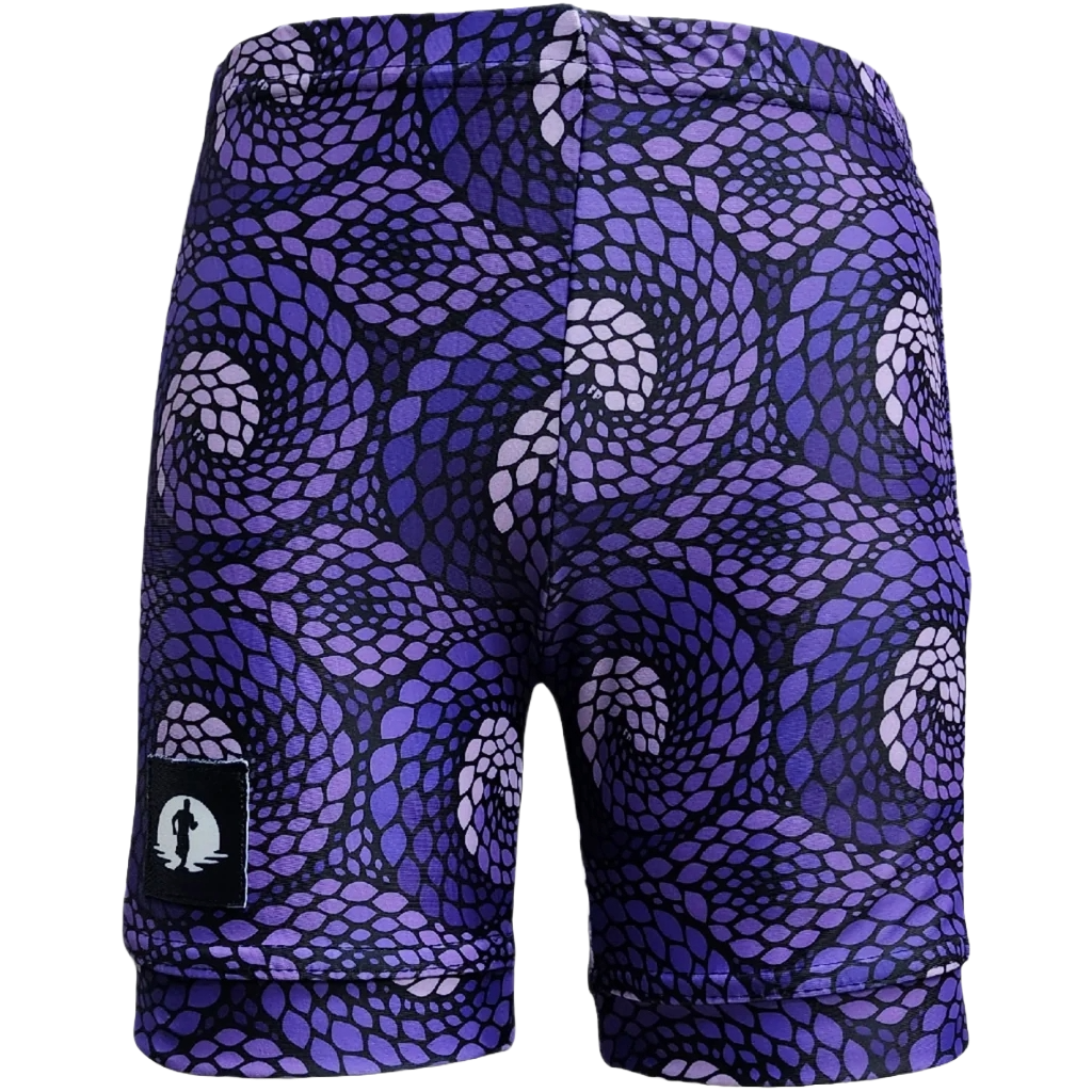 Funky Pants Kids Shorts - Purple People Eater edition featuring stretchy colourful material.