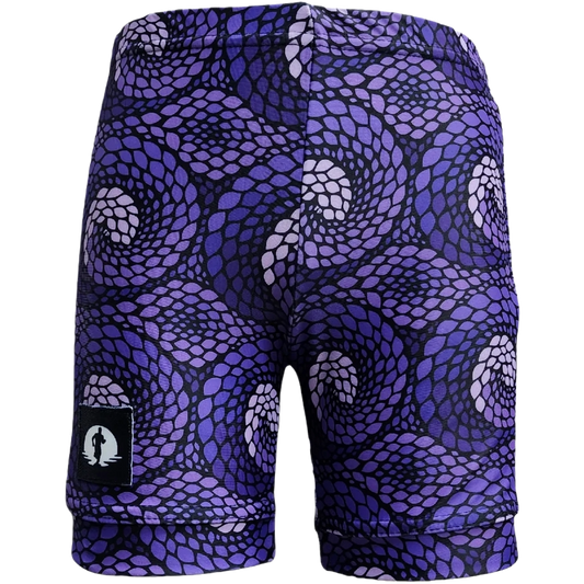 Funky Pants Kids Shorts - Purple People Eater edition featuring stretchy colourful material.